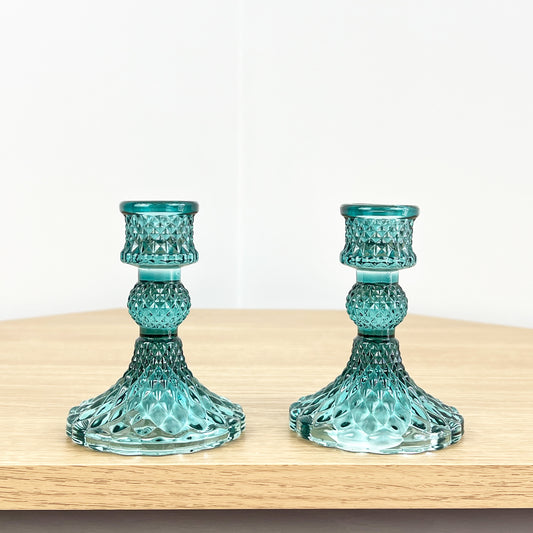 Set of 2 Glass Candlestick Holders – Turquoise Blue