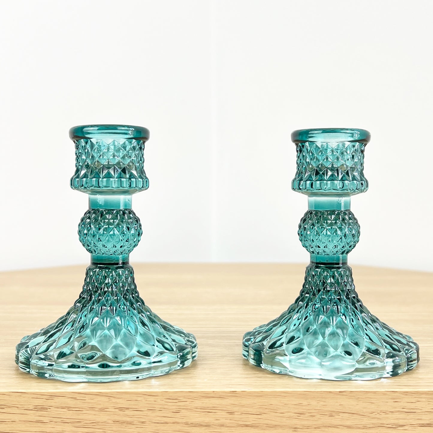 Set of 2 Glass Candlestick Holders – Turquoise Blue
