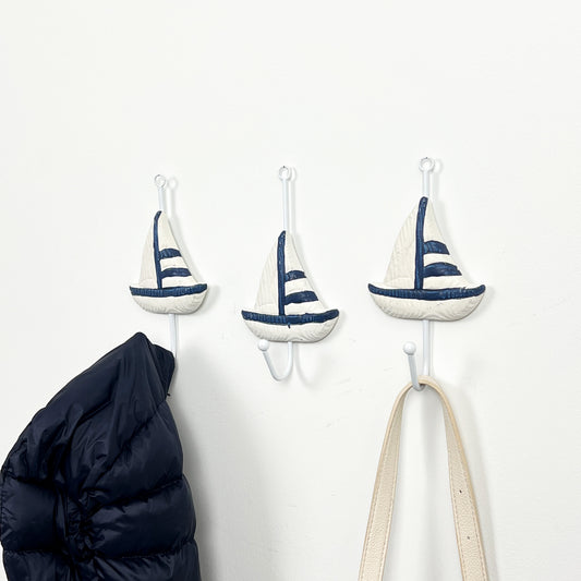Set of 3 Boat Wall Storage Hooks - White / Blue