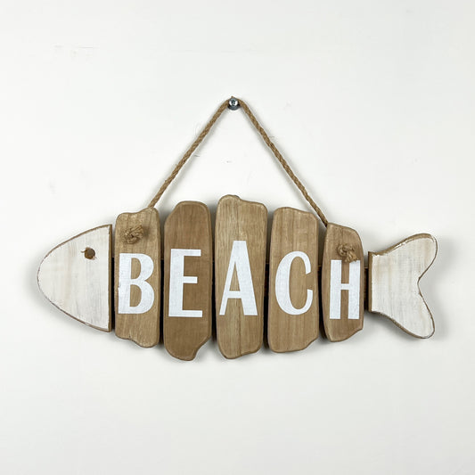 39cm Fish Shaped 'Beach' Sign - Wood