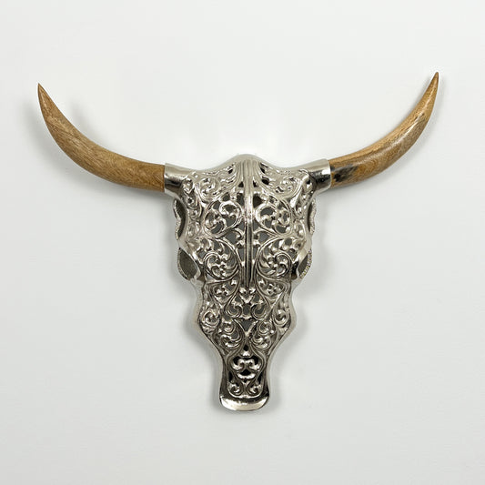 Metal Bison Skull with Wooden Horns