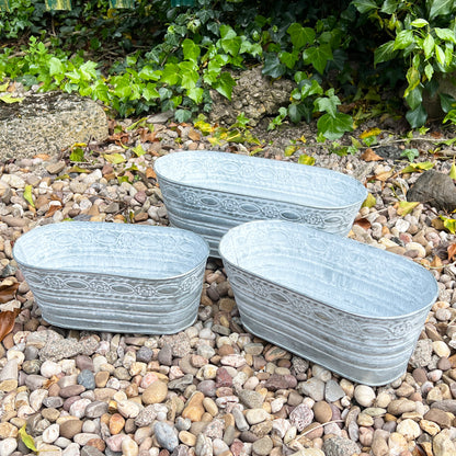 Set of 3 Oval Galvanised Metal Planters - Embossed Pattern