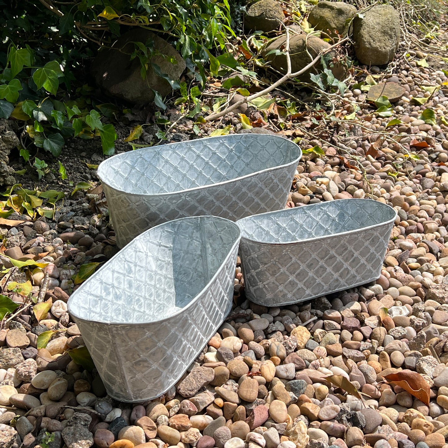 Set of 3 Oval Galvanised Metal Planters - Diamond Pattern