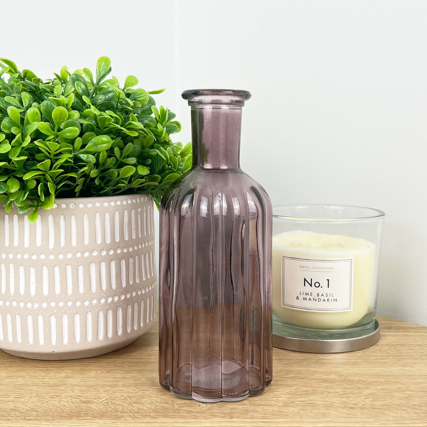 19cm Violet Ribbed Glass Bottle Vase
