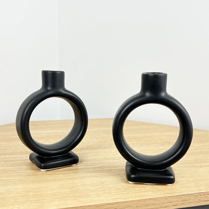 Pair of Black Round 'Donut' Candle Holders