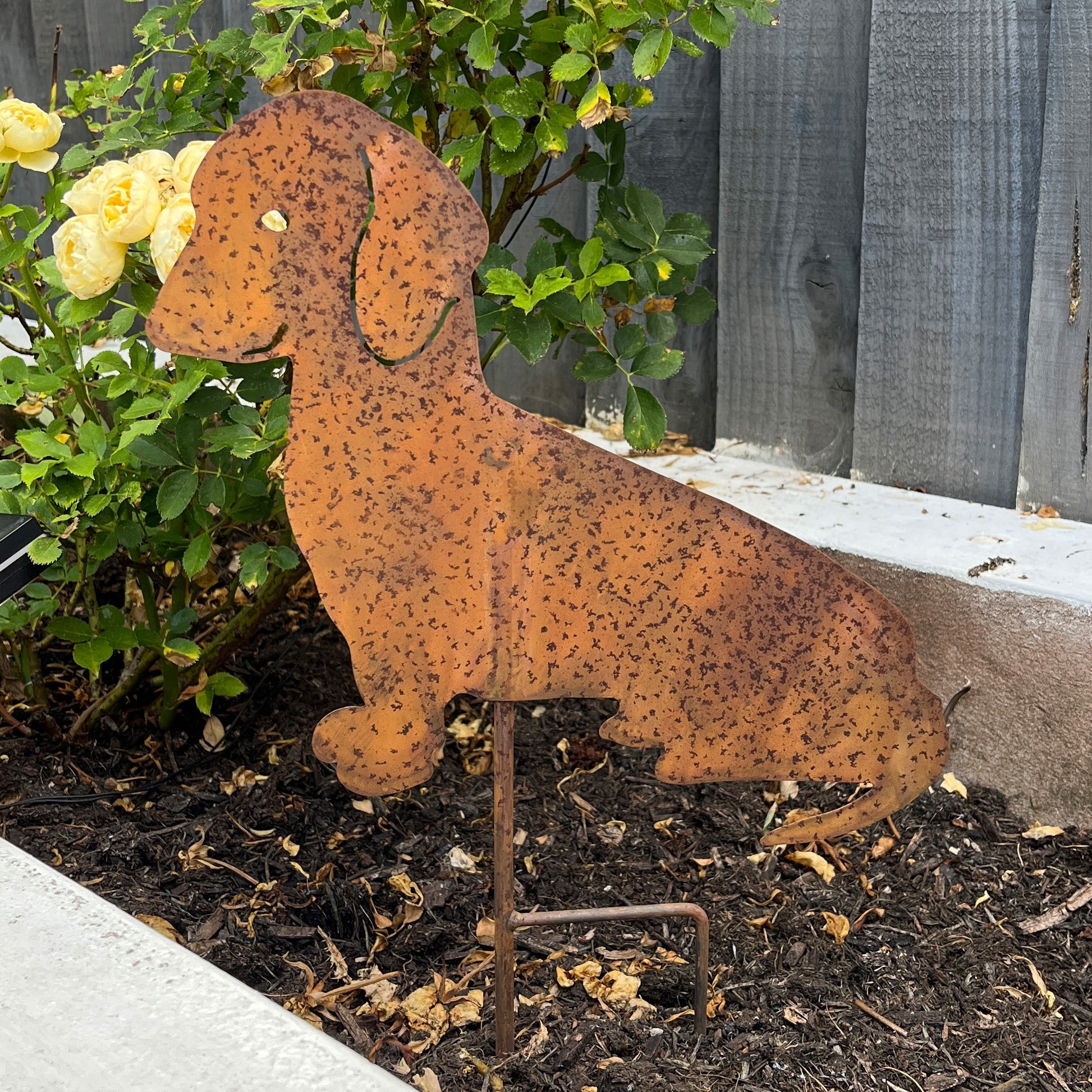 Sitting Dog Metal Stake Garden Ornament - Rusty