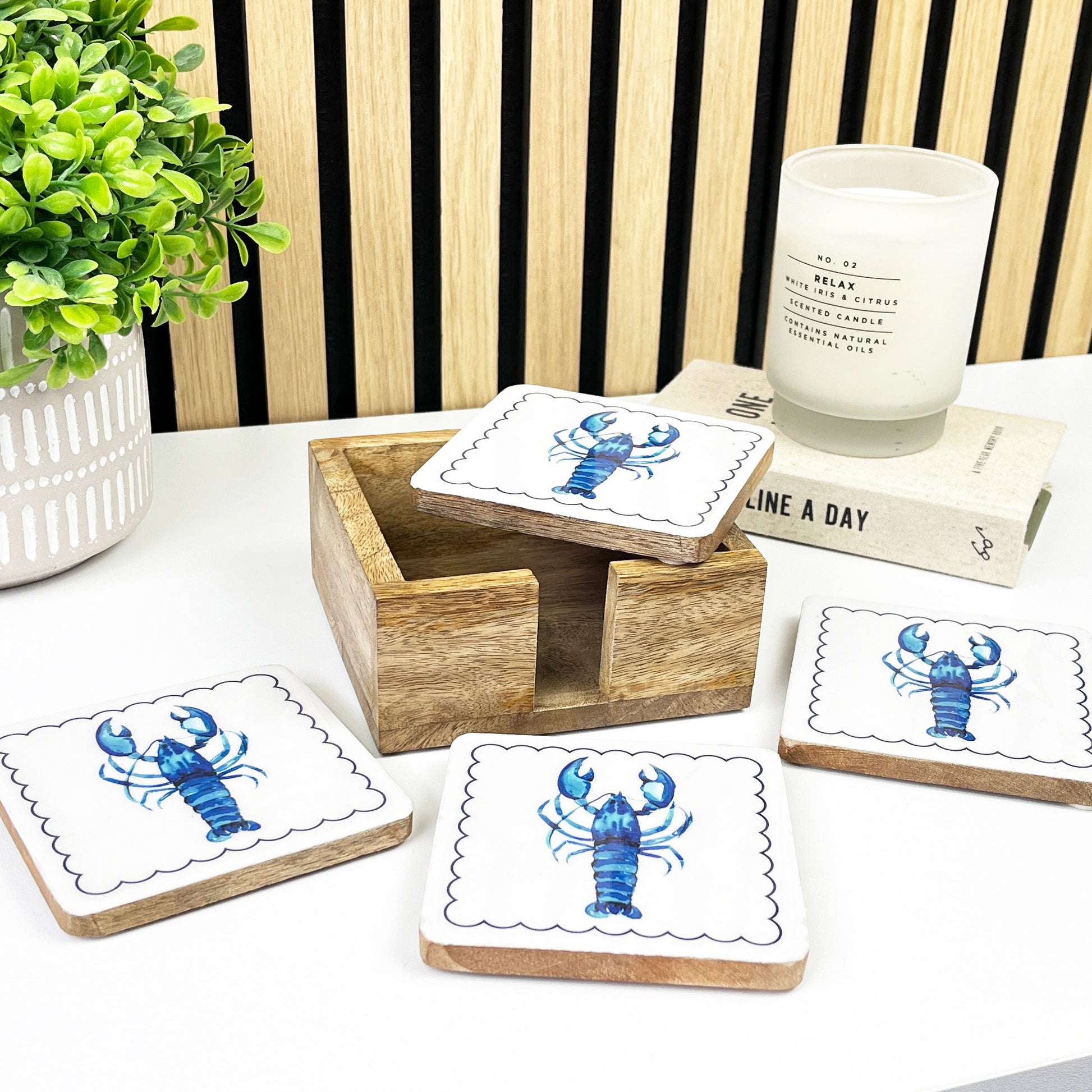 Set of 4 Wooden Coasters in Holder – Lobster