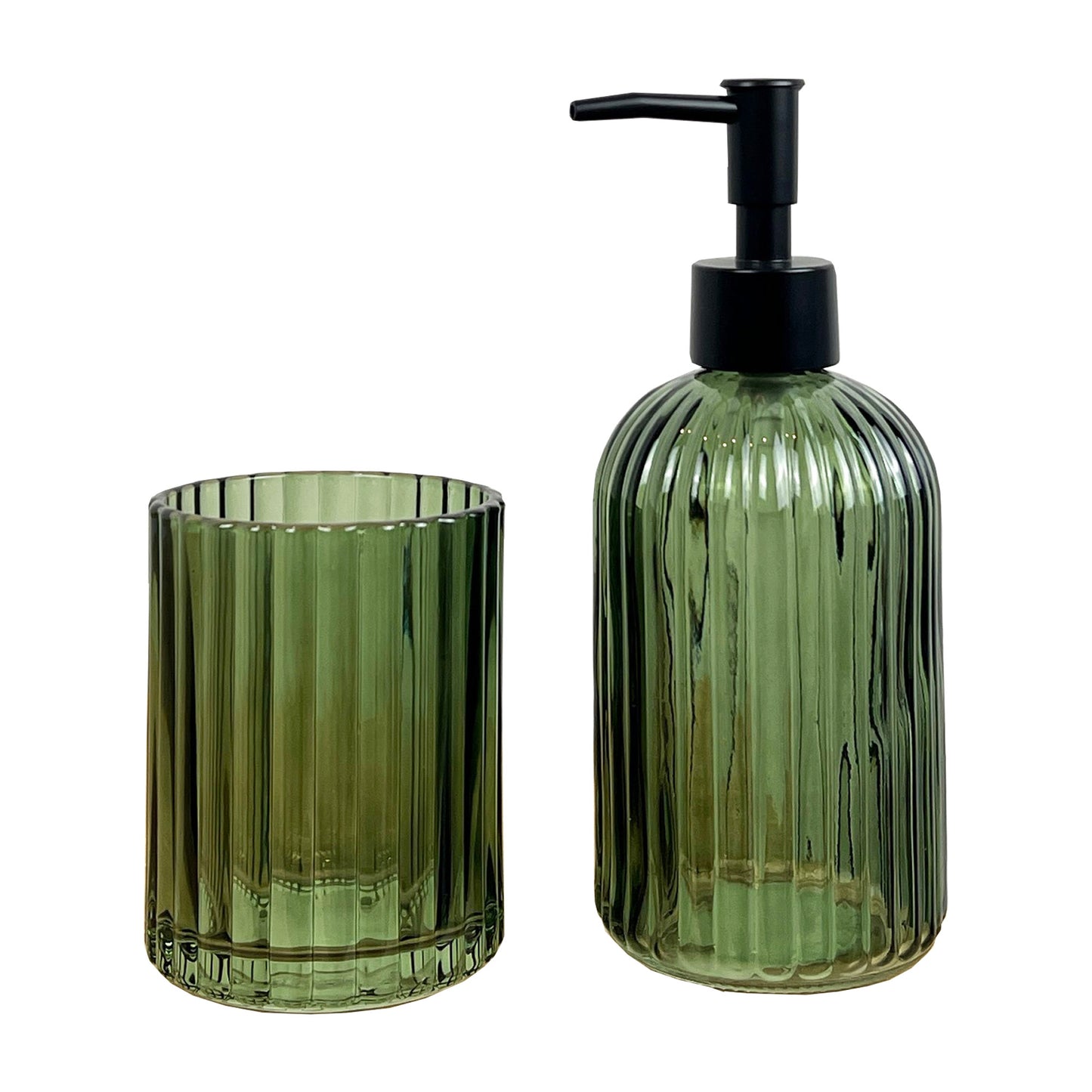 2 Piece Ribbed Glass Bathroom Sink Accessories Set - Dark Green