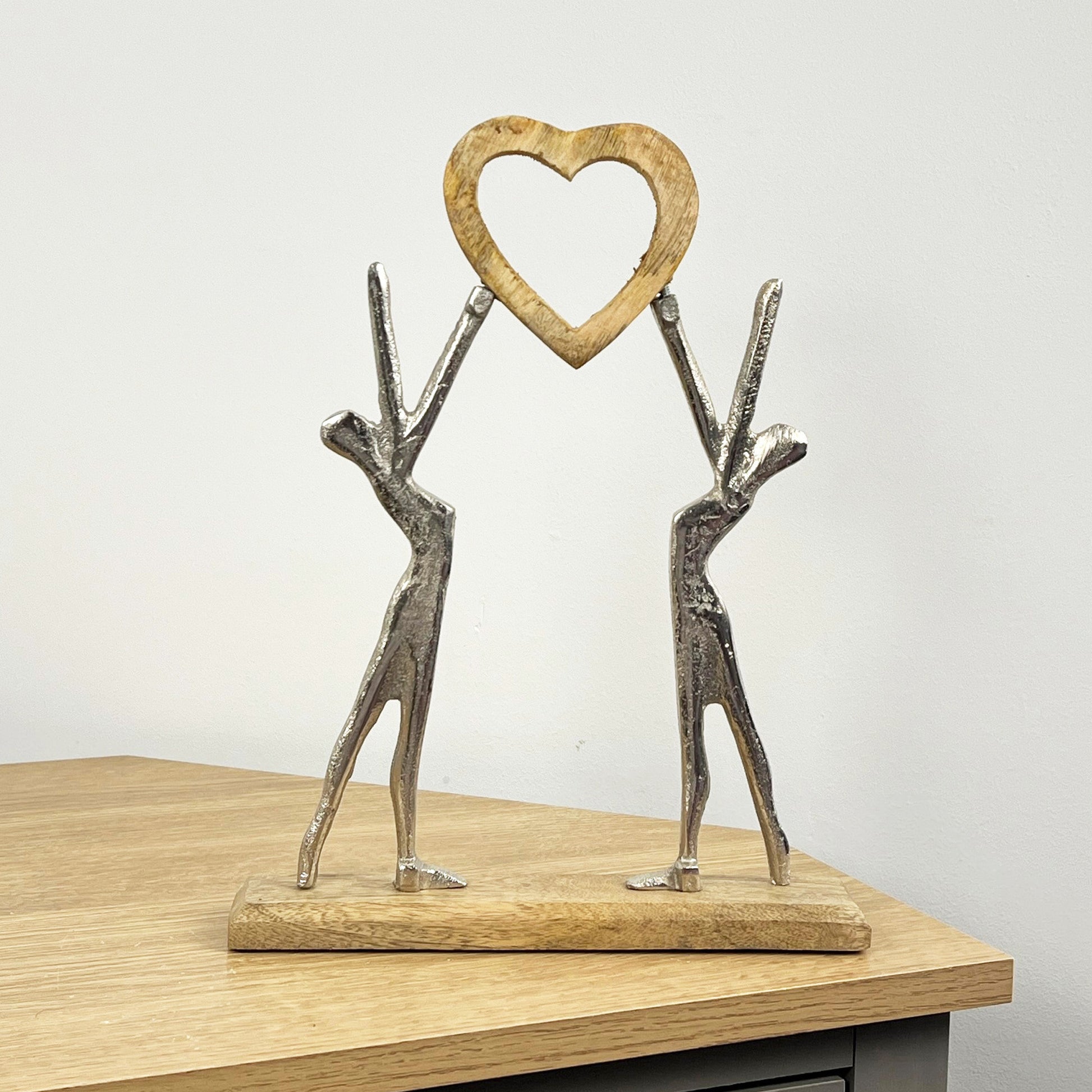 33cm Metal Couple Holding Wooden Heart Ornament / Sculpture on Wood