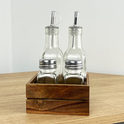 Salt Pepper Oil & Vinegar Set with Wooden Caddy
