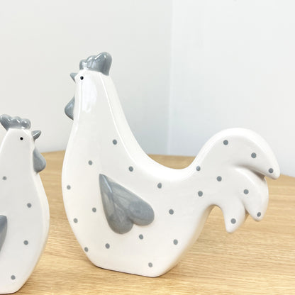 Pair of Ceramic Hen Ornaments - off White / Grey