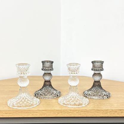 Set of 4 Glass Candle Holders – Clear / Smoke Grey