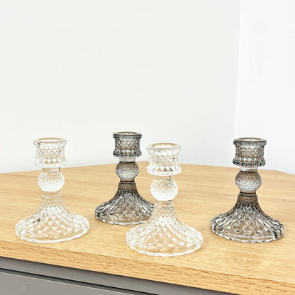 Set of 4 Glass Candle Holders – Clear / Smoke Grey