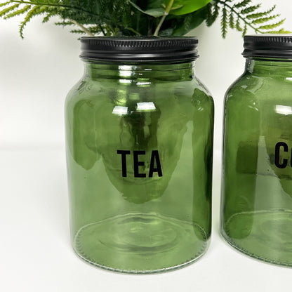 Tea Coffee Sugar Canisters - Green Glass