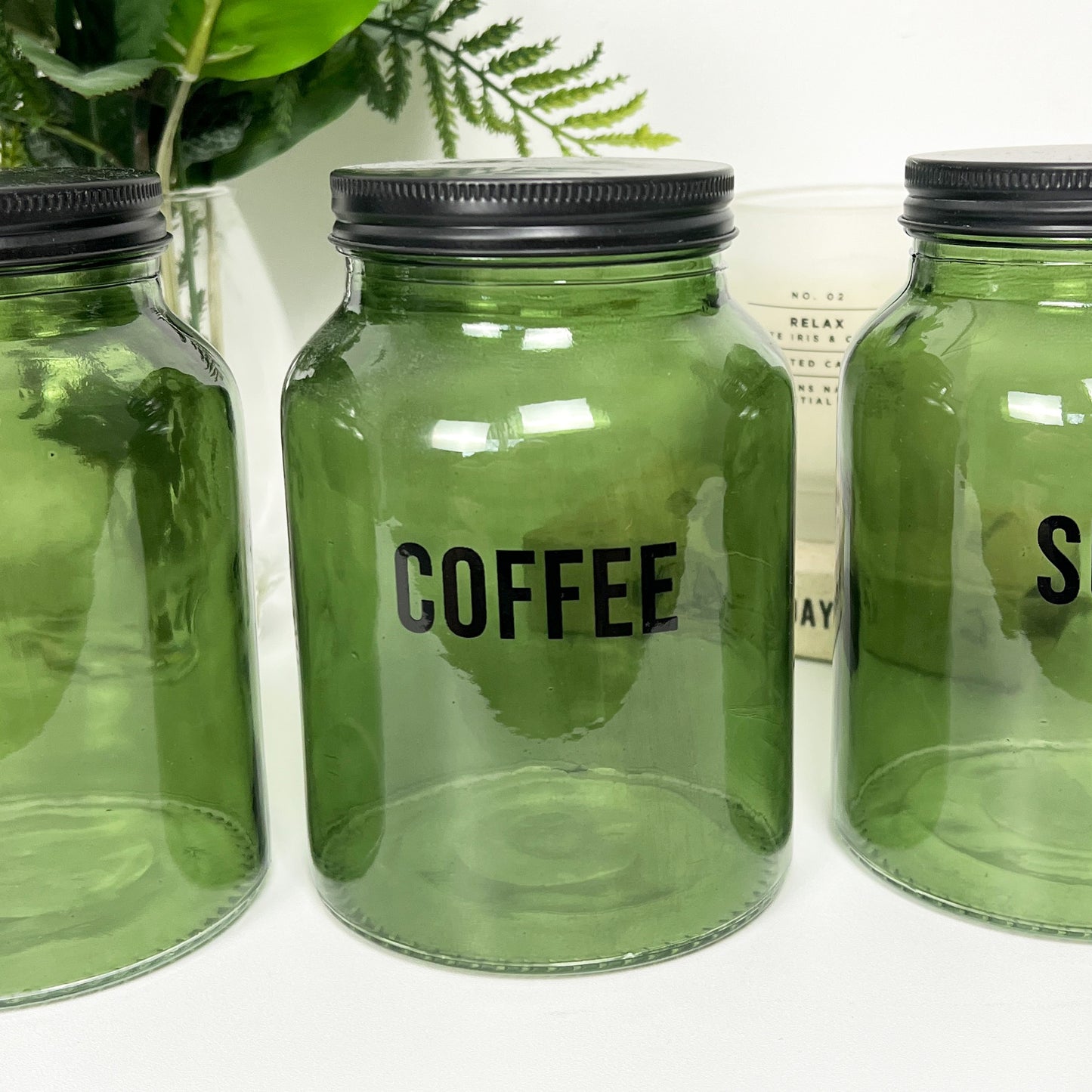 Tea Coffee Sugar Canisters - Green Glass