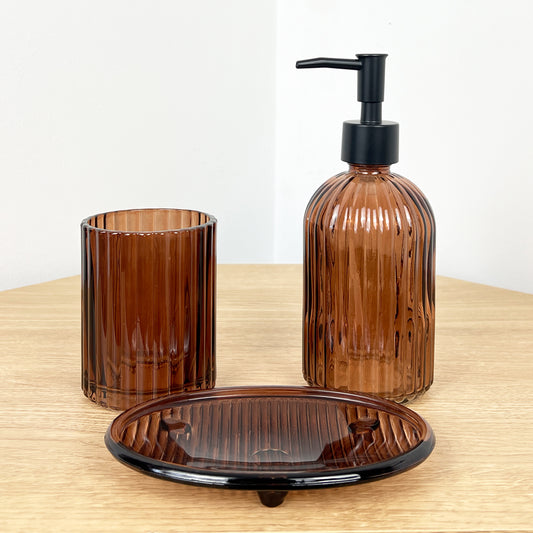Bathroom Sink Accessories Set - Amber Ribbed Glass