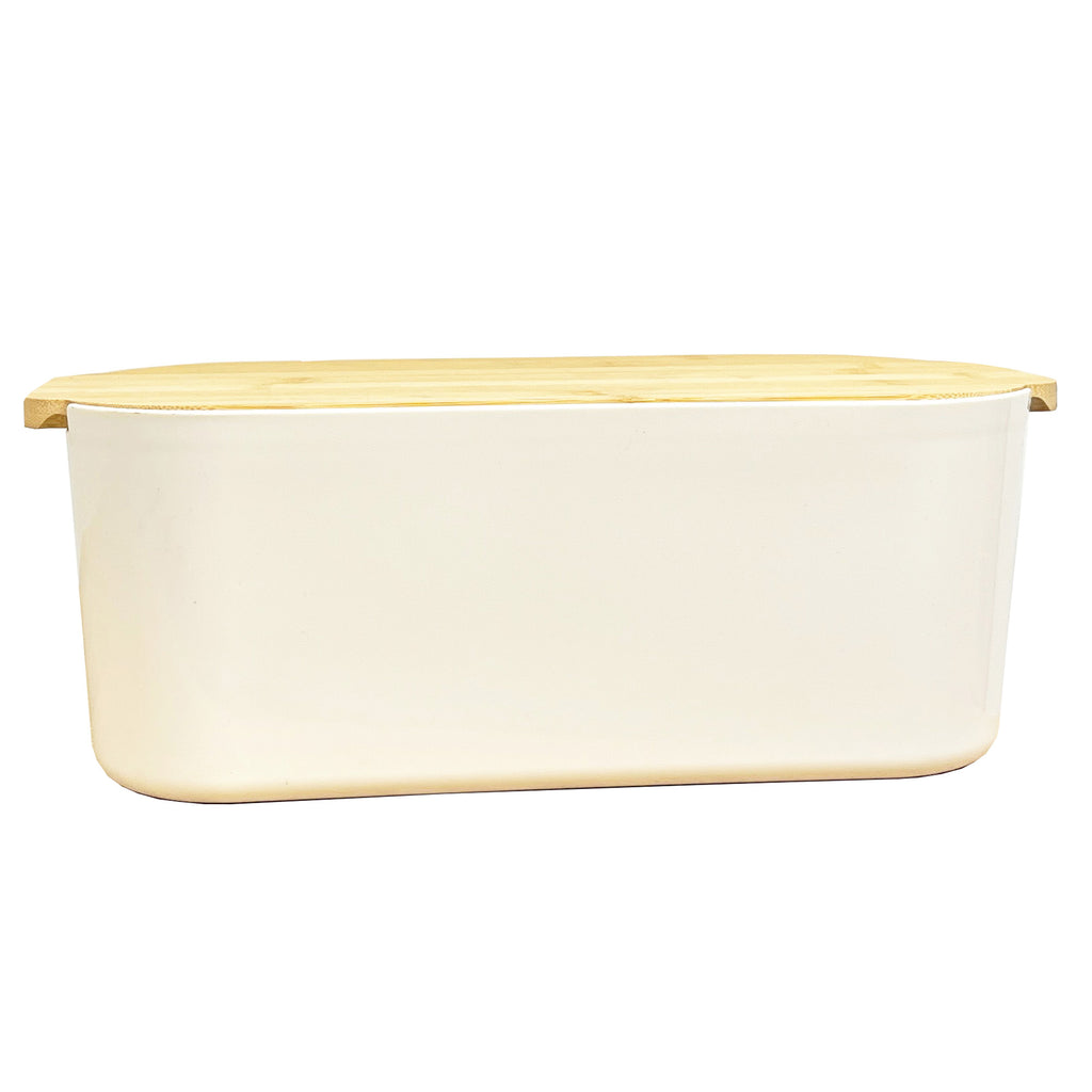 33cm x 12cm Cream Plastic Bread Bin with Wooden Lid