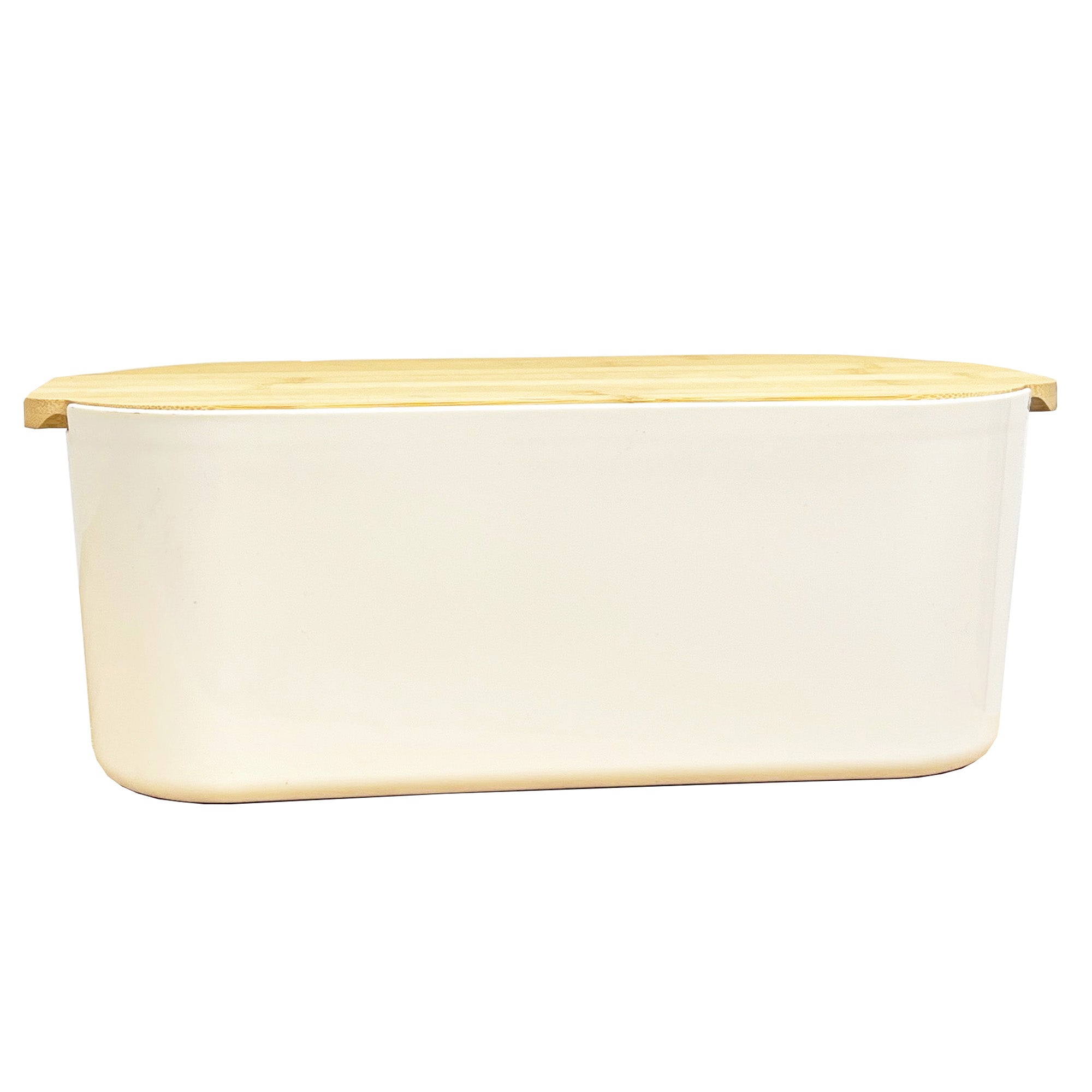 33cm x 12cm Cream Plastic Bread Bin with Wooden Lid