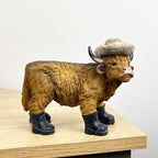 Small 17cm Straw Hat & Wellies Highland Cow Ornament / Figurine - Resin