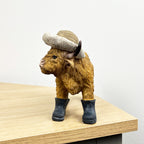 Small 17cm Straw Hat & Wellies Highland Cow Ornament / Figurine - Resin