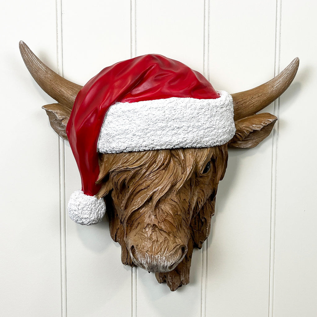 Festive Highland Cow Head Wall Art Sculpture - Resin