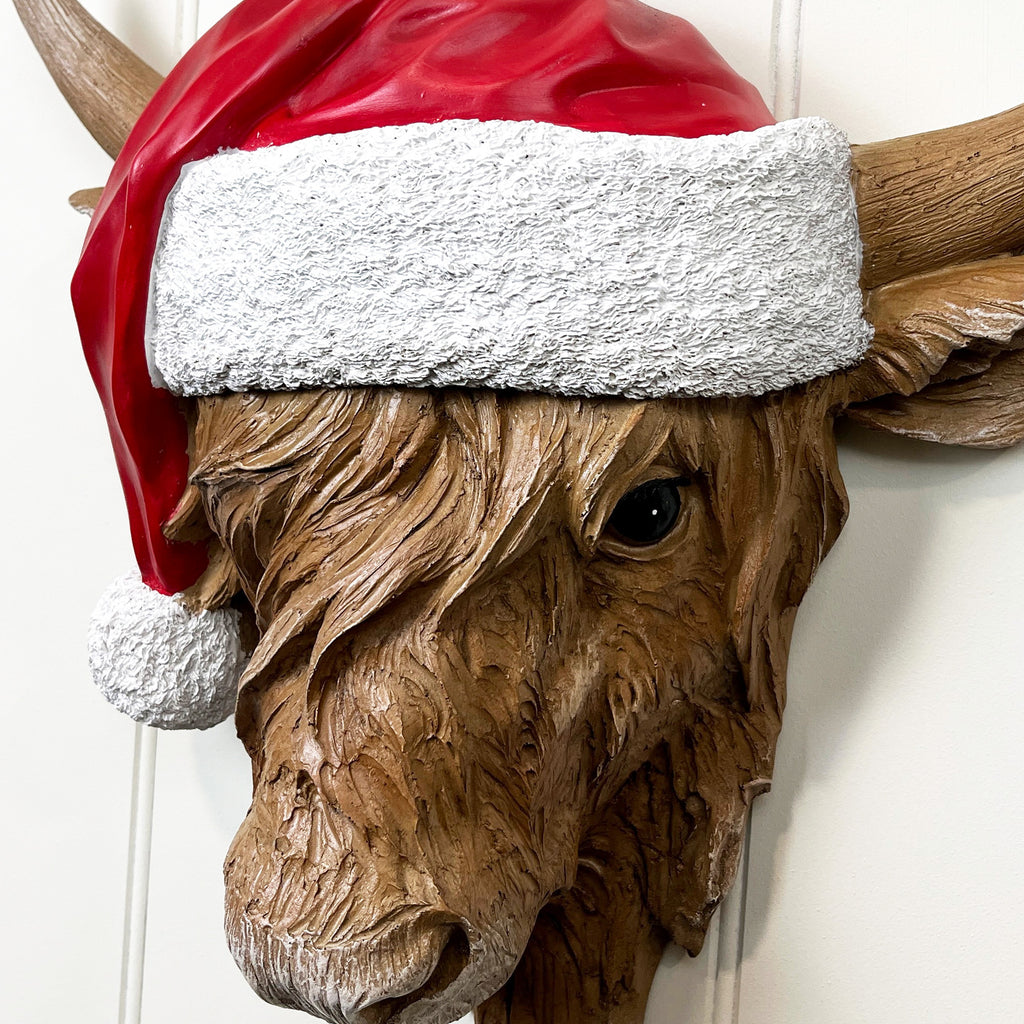 Festive Highland Cow Head Wall Art Sculpture - Resin