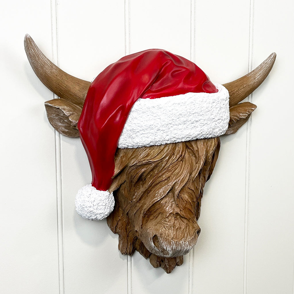 Festive Highland Cow Head Wall Art Sculpture - Resin