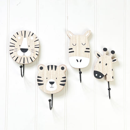 Set of 4 Safari Animal Wall Storage Hooks - Wooden