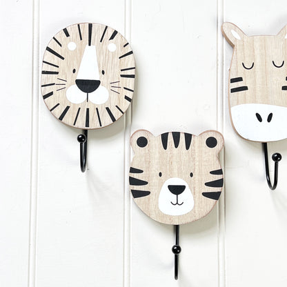 Set of 4 Safari Animal Wall Storage Hooks - Wooden