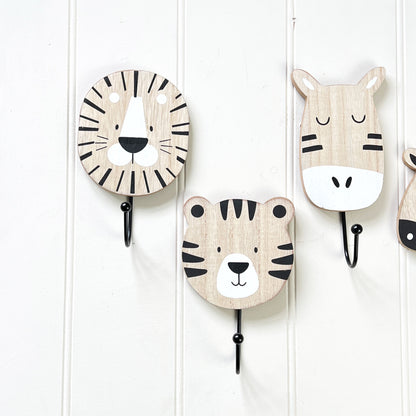 Set of 4 Safari Animal Wall Storage Hooks - Wooden