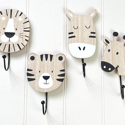 Set of 4 Safari Animal Wall Storage Hooks - Wooden