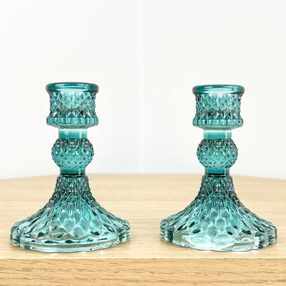 Set of 2 Glass Candlestick Holders – Turquoise Blue