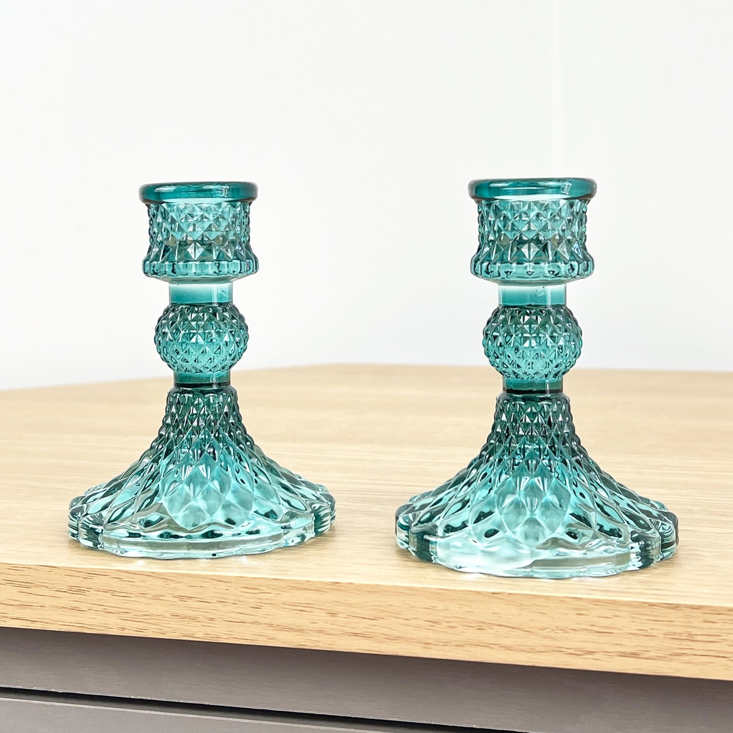 Set of 2 Glass Candlestick Holders – Turquoise Blue