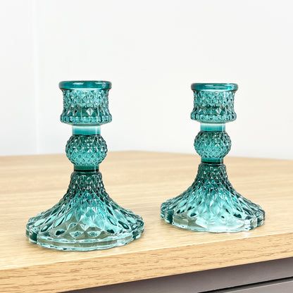 Set of 2 Glass Candlestick Holders – Turquoise Blue