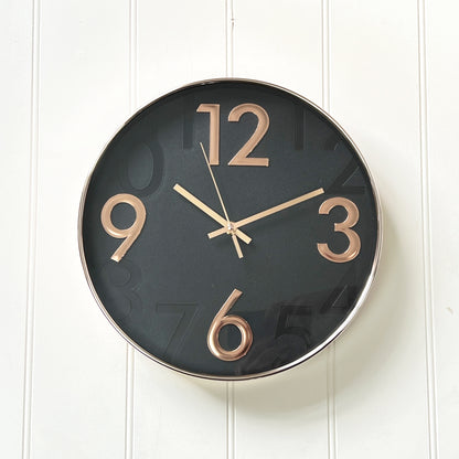 30cm Round Wall Clock - Black / Rose Gold