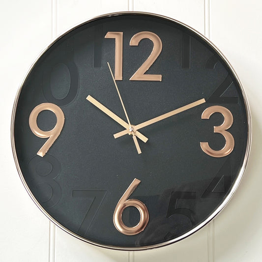 30cm Round Wall Clock - Black / Rose Gold