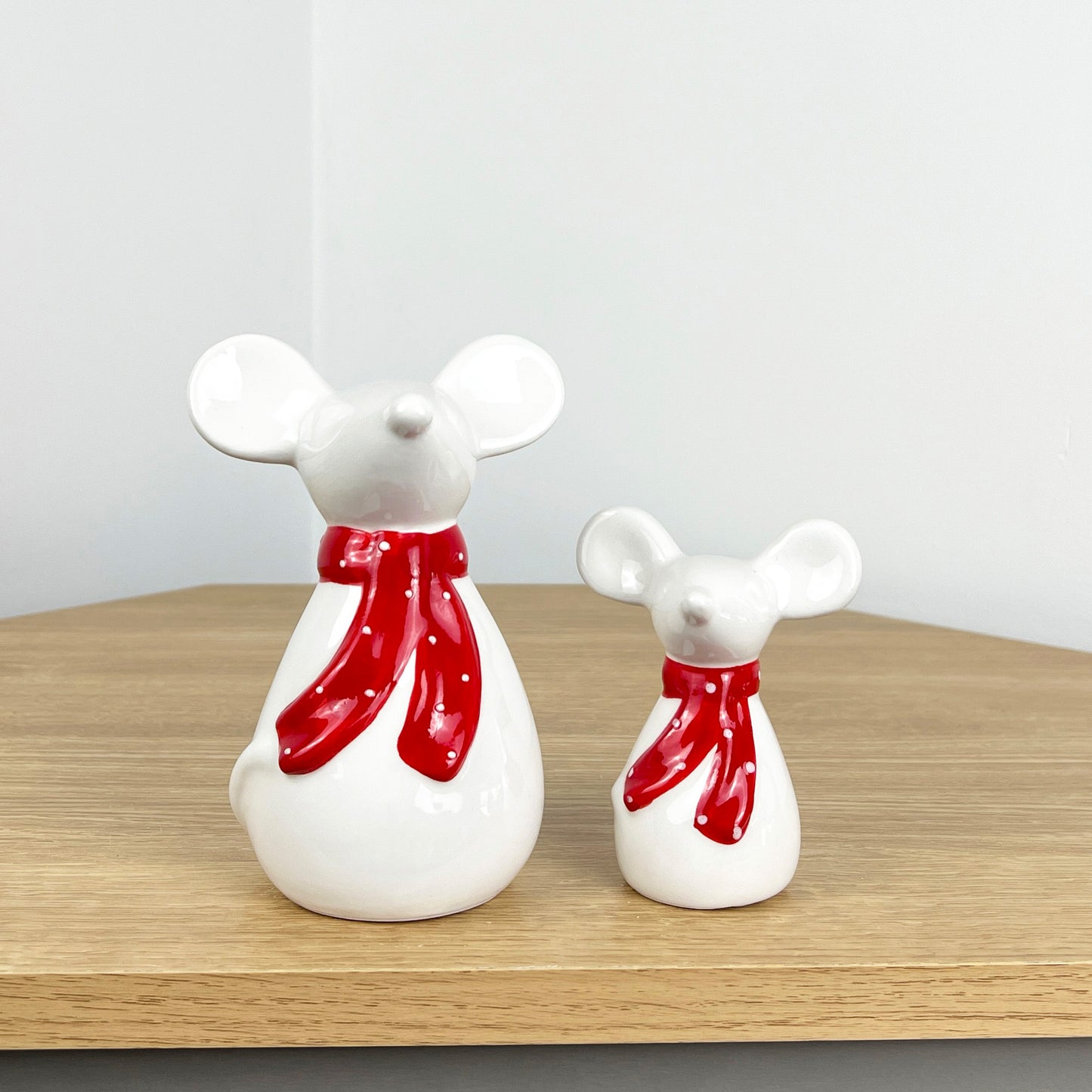 Pair of Mice Ornaments White with Red Scarfs - Ceramic