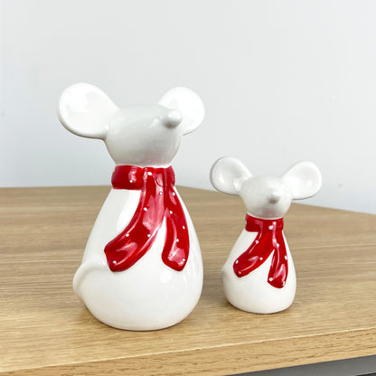 Pair of Mice Ornaments White with Red Scarfs - Ceramic