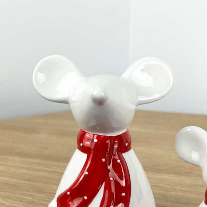 Pair of Mice Ornaments White with Red Scarfs - Ceramic