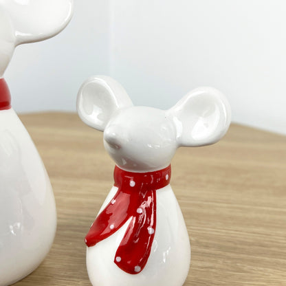 Pair of Mice Ornaments White with Red Scarfs - Ceramic