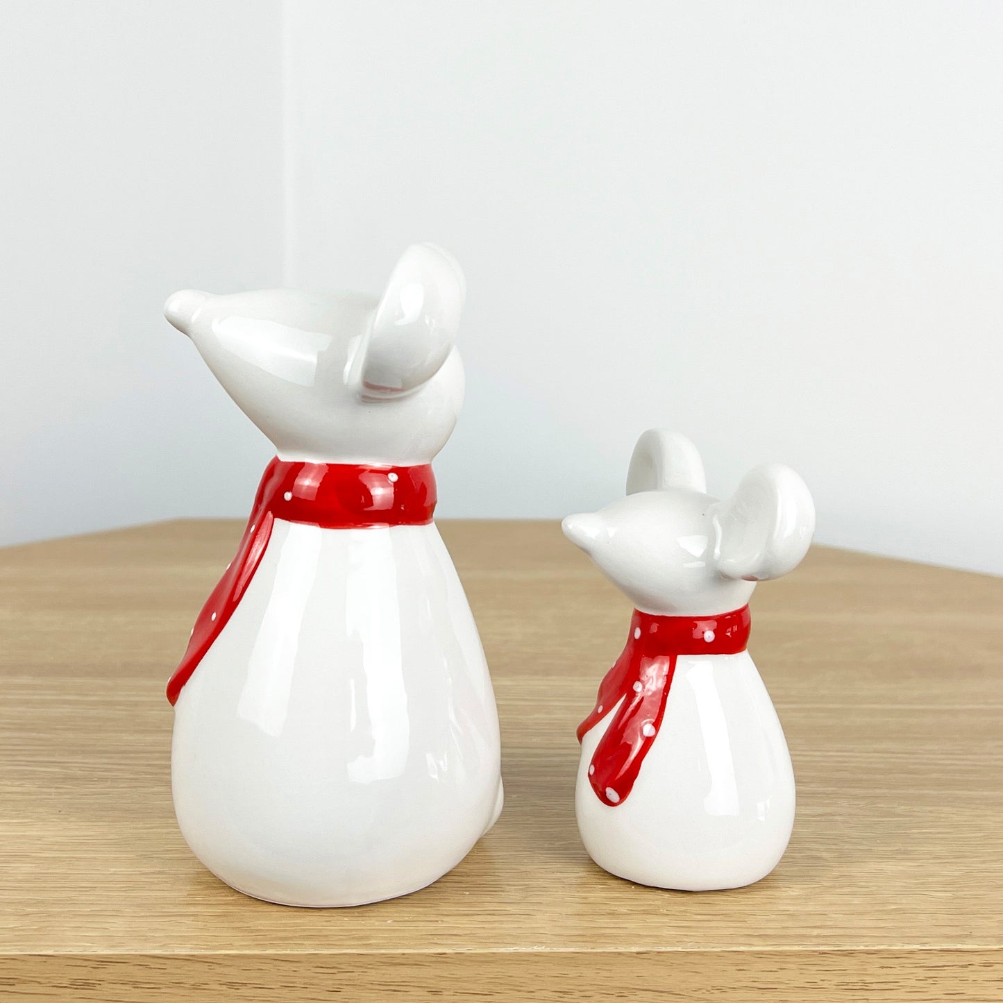 Pair of Mice Ornaments White with Red Scarfs - Ceramic