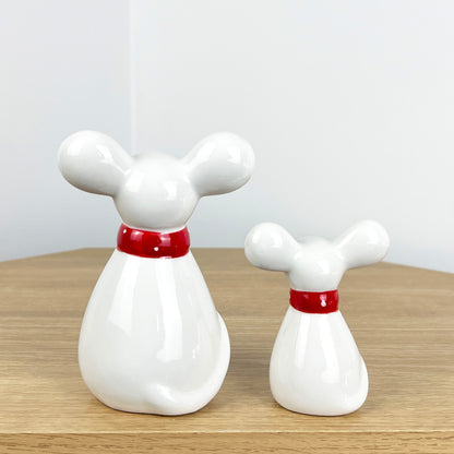 Pair of Mice Ornaments White with Red Scarfs - Ceramic