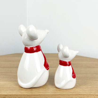 Pair of Mice Ornaments White with Red Scarfs - Ceramic