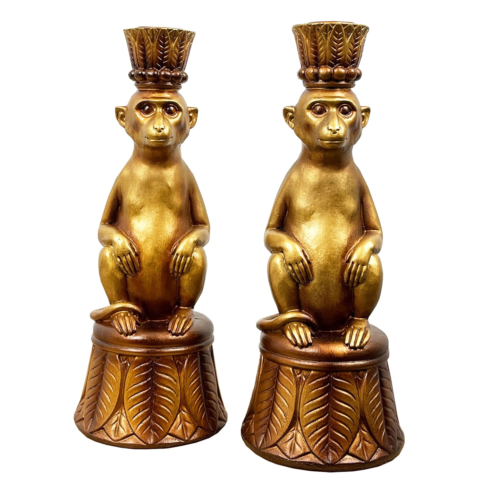 Set of 2 Gold Monkey Candle Stick Holders - Resin