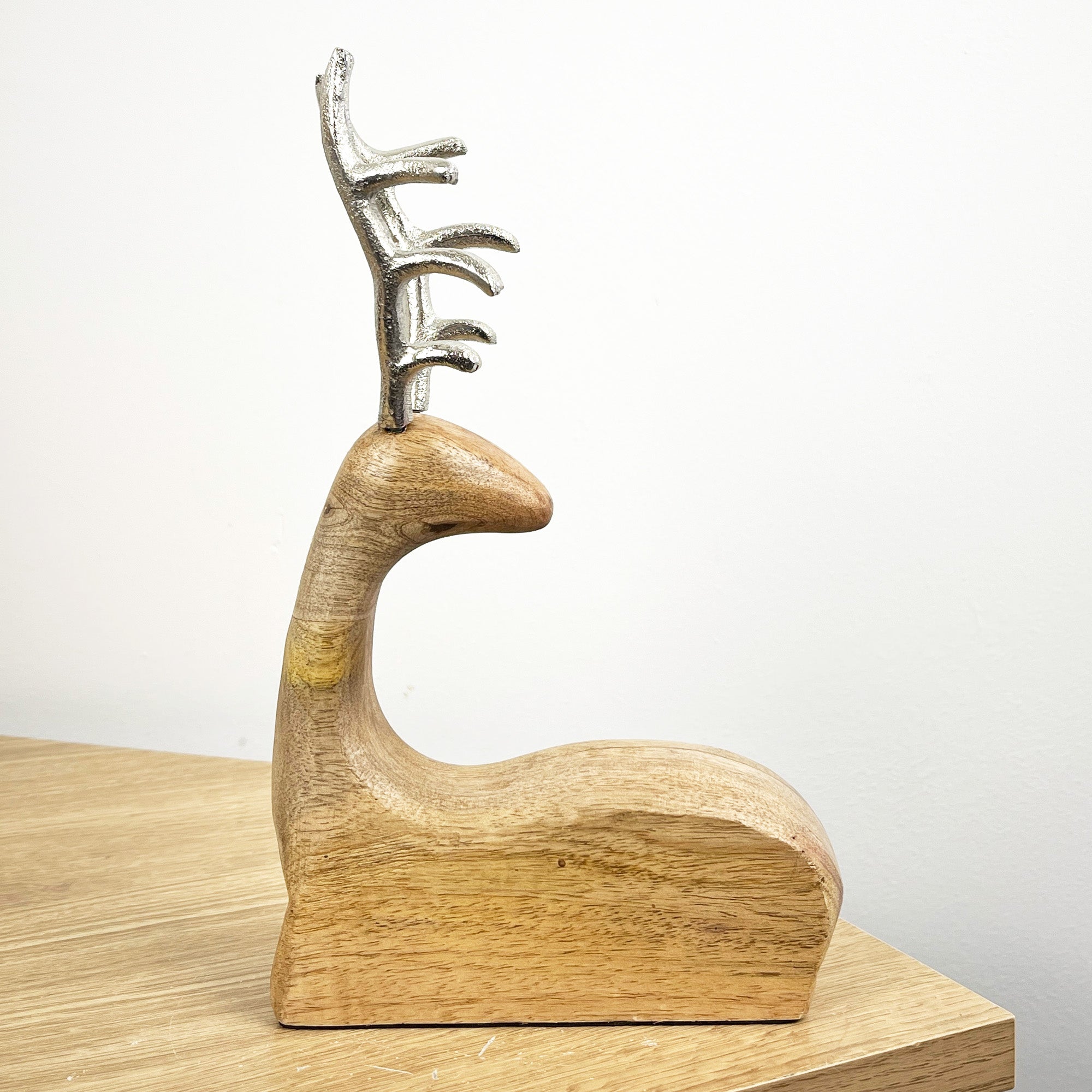 23.5cm Tall Sitting Wooden Stag / Reindeer Ornament - Wood