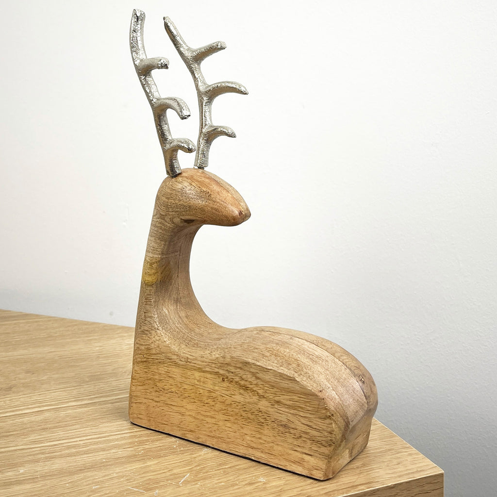 23.5cm Tall Sitting Wooden Stag / Reindeer Ornament - Wood