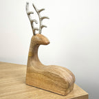 23.5cm Tall Sitting Wooden Stag / Reindeer Ornament - Wood