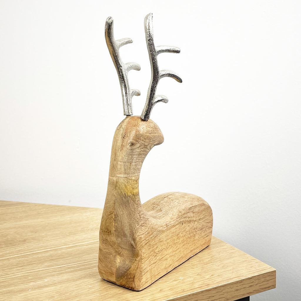 23.5cm Tall Sitting Wooden Stag / Reindeer Ornament - Wood