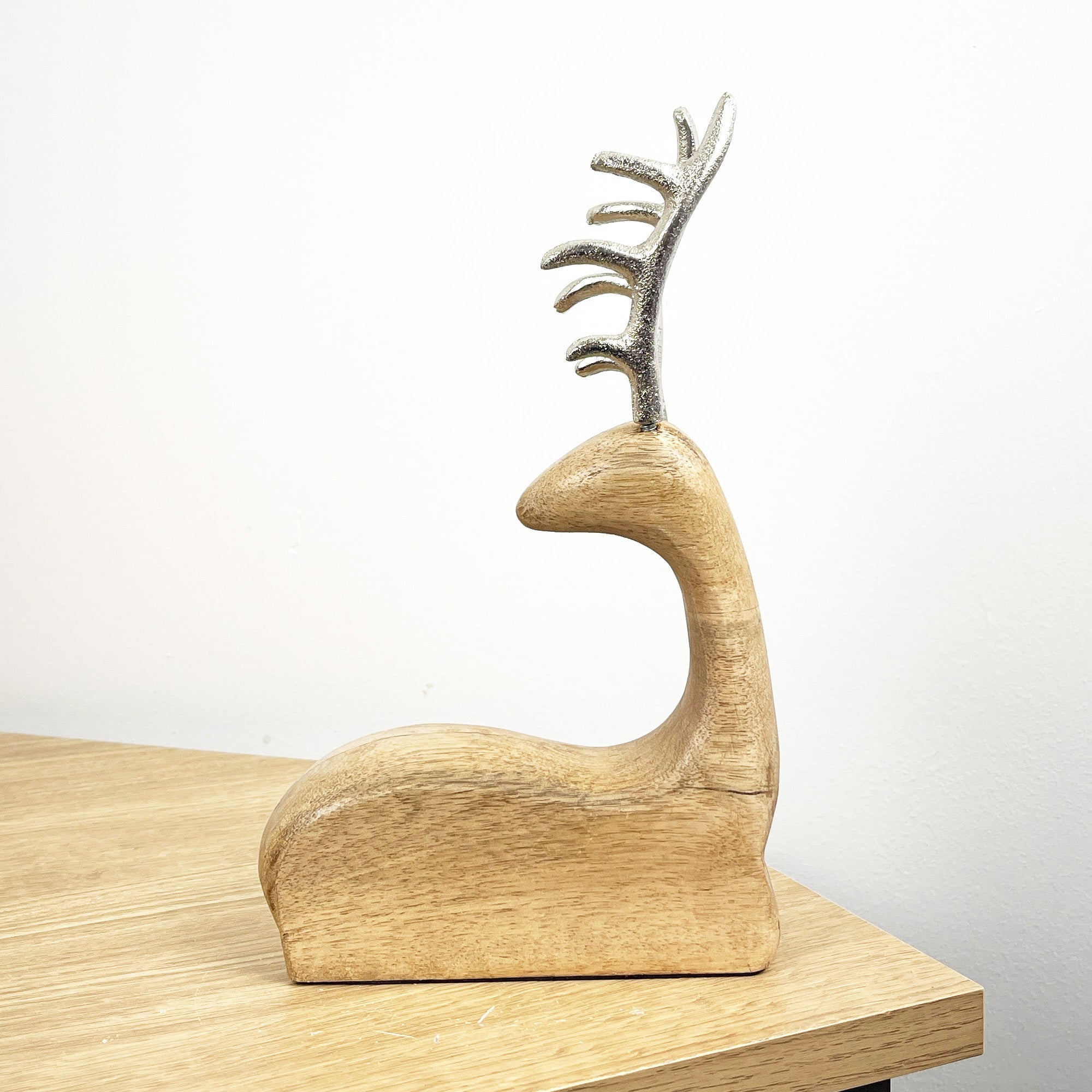 23.5cm Tall Sitting Wooden Stag / Reindeer Ornament - Wood