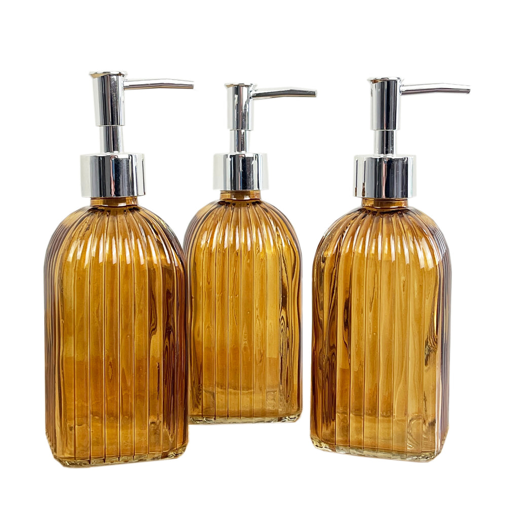 3 x 0.4 Litre Ribbed Glass Soap Dispenser with Pump - Amber